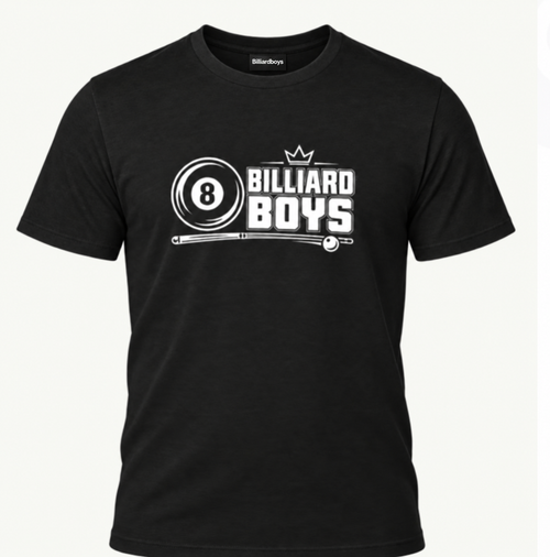 Billiard Boys House Logo Tee in Onyx with Billiardboys neck tag, front view