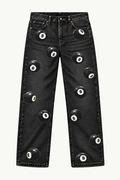 Billiard Boys Eight Jean in Washed Onyx with 8-ball waistband button, front view