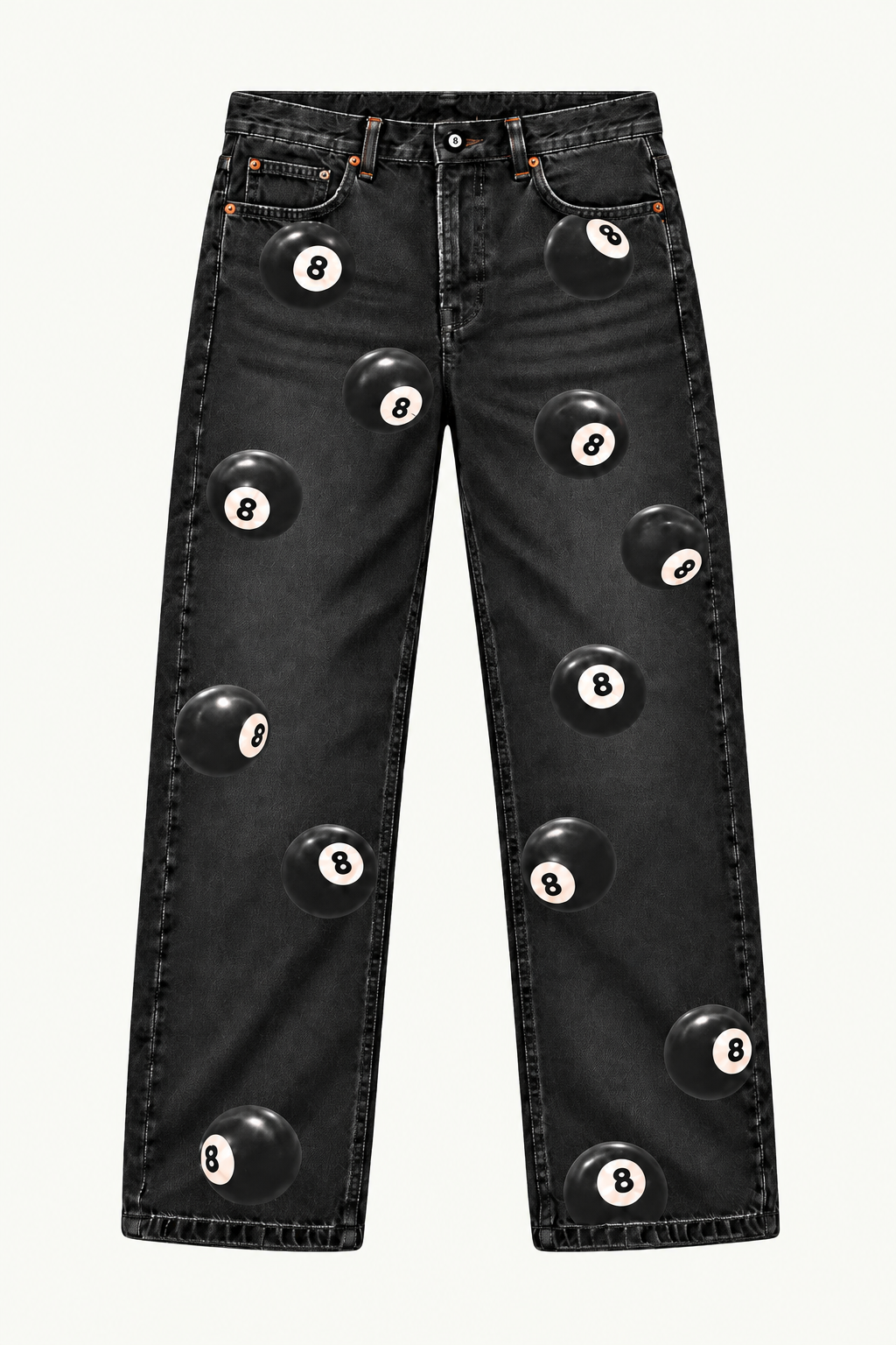 Billiard Boys Eight Jean in Washed Onyx with 8-ball waistband button, front view