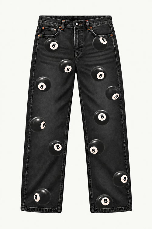 Billiard Boys Eight Jean in Washed Onyx with 8-ball waistband button, front view