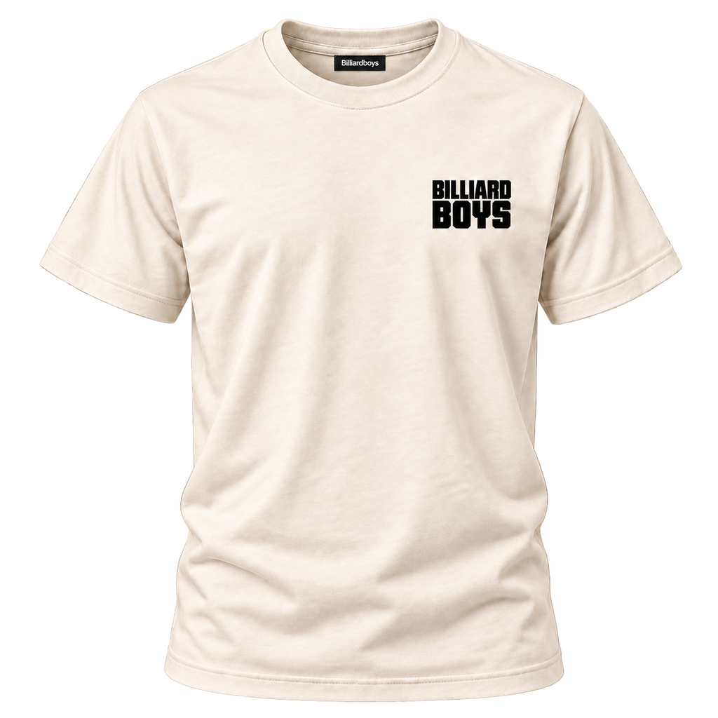 Billiard Boys House Tee in Ivory with Billiardboys neck tag, front view on transparent background