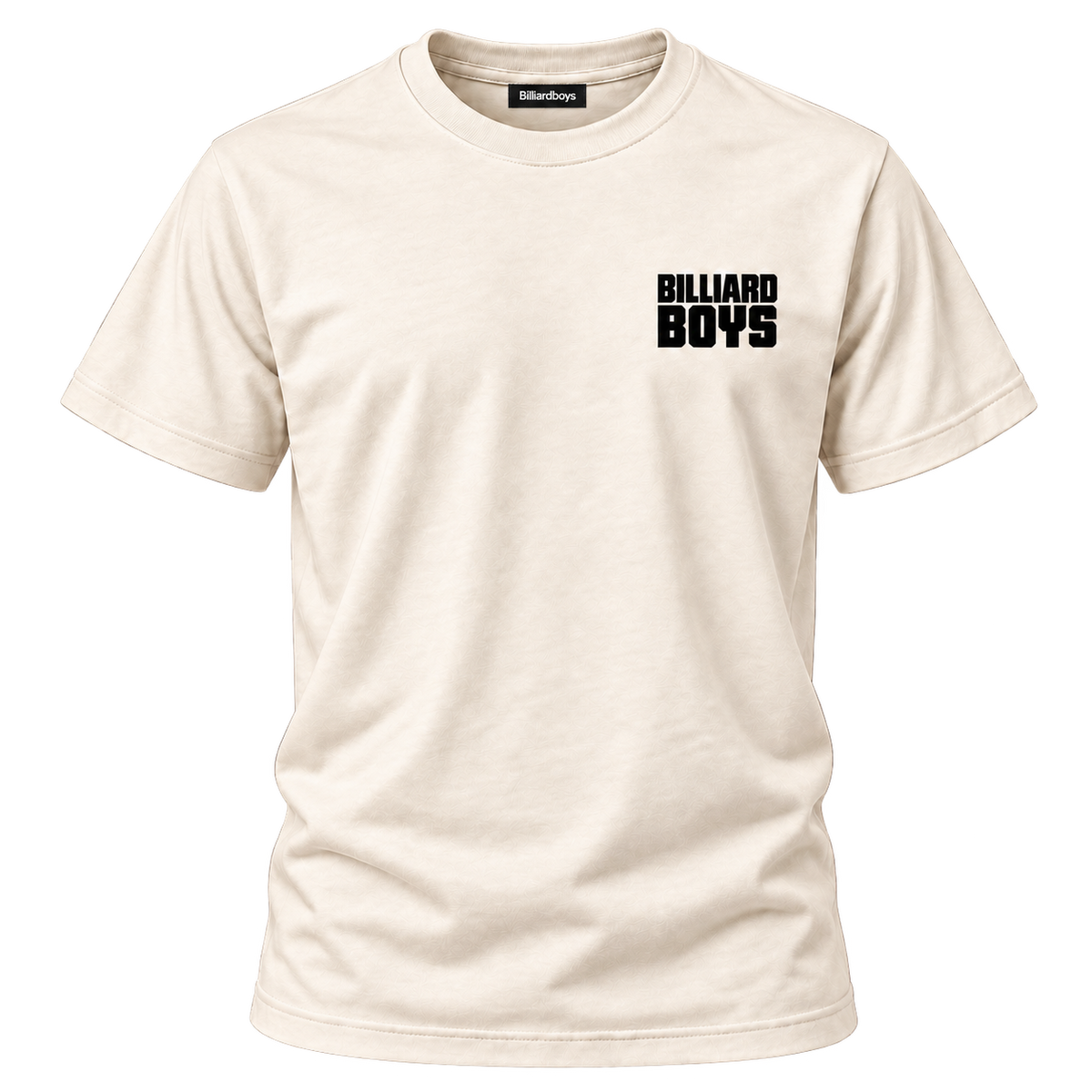 Billiard Boys House Tee in Ivory with Billiardboys neck tag, front view on transparent background