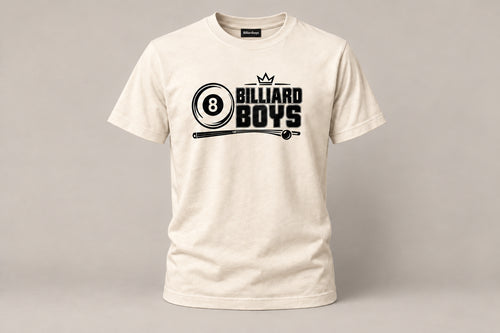 Billiard Boys House Logo Tee in Ivory with Billiardboys neck tag, front view