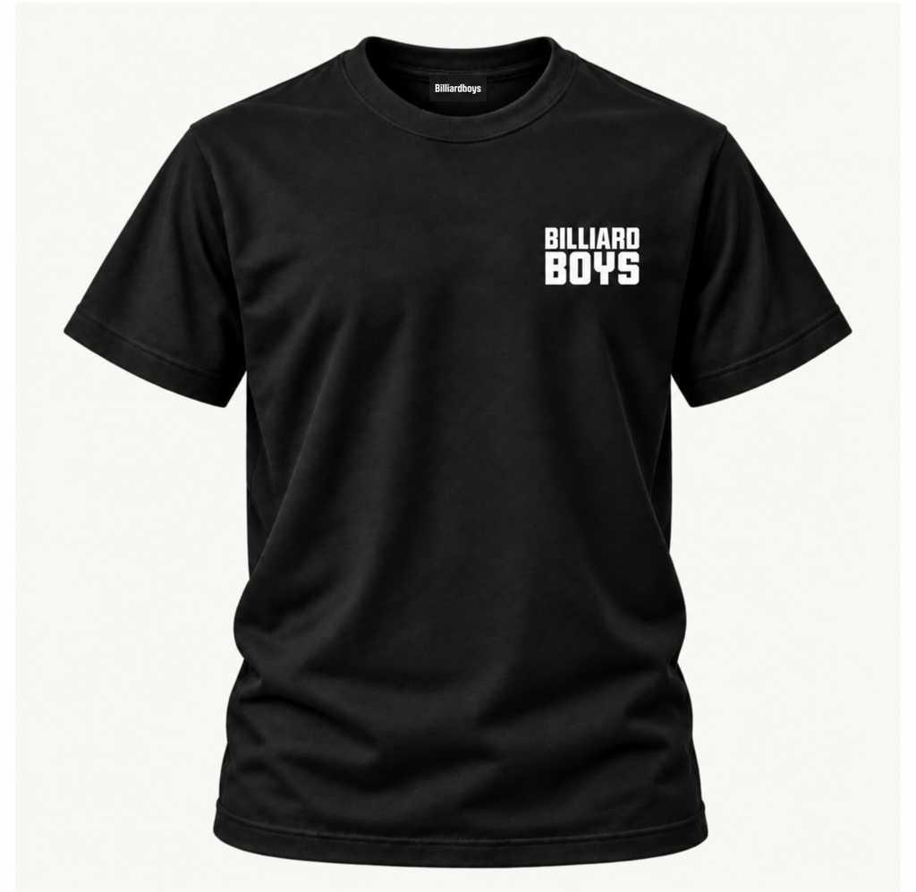 Billiard Boys House Tee in Onyx with Billiardboys neck tag, front view