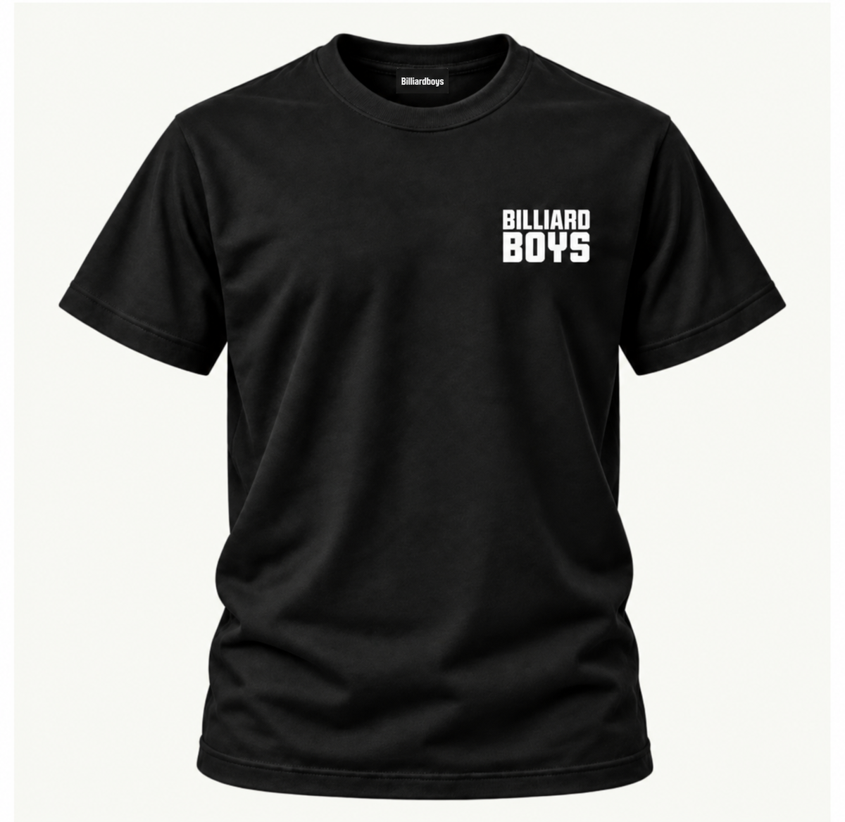 Billiard Boys House Tee in Onyx with Billiardboys neck tag, front view
