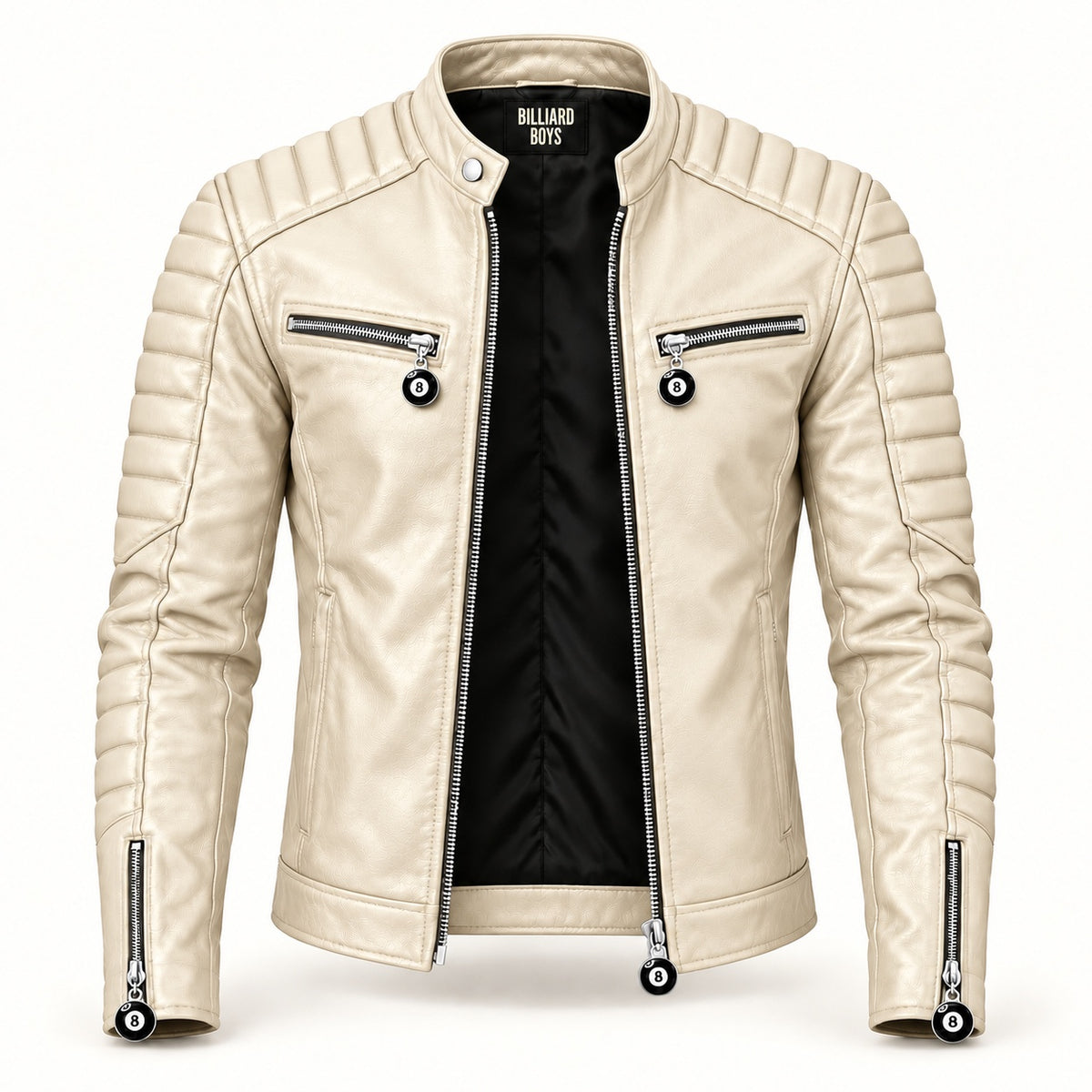 Billiard Boys ivory motorcycle jacket with 8-ball zipper pulls