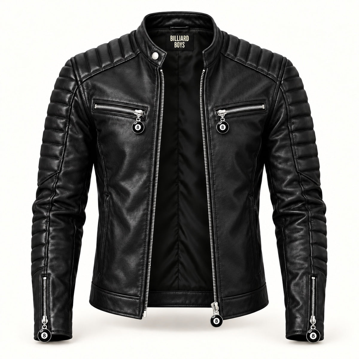Billiard Boys onyx motorcycle jacket with 8-ball zipper pulls